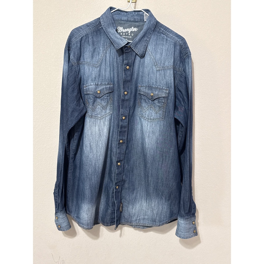 Wrangler Retro Premium Western Shirt Mens XL Blue Denim Pearl Snap Country